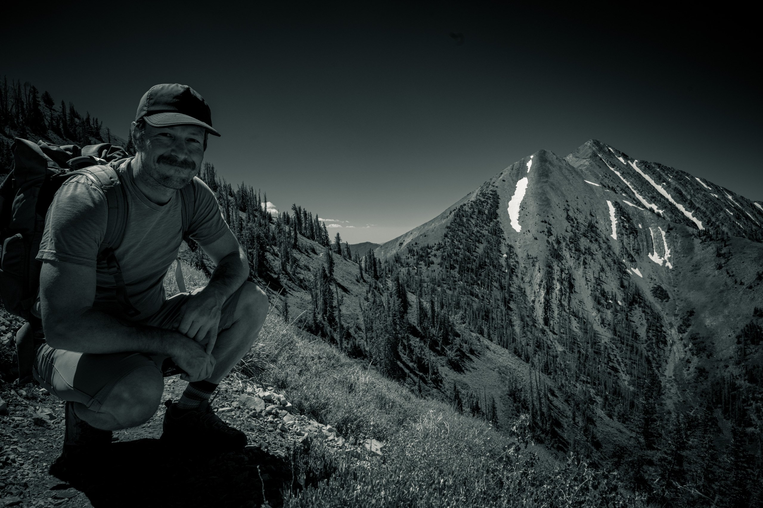 Jason on the trail, black and white